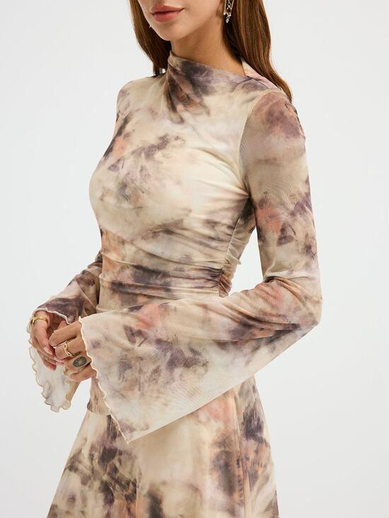 Commense Dresses & Skirts - Commense Mesh Ruched Mini Dress Women’s M Brown Abstract Print Long Sleeve NWT